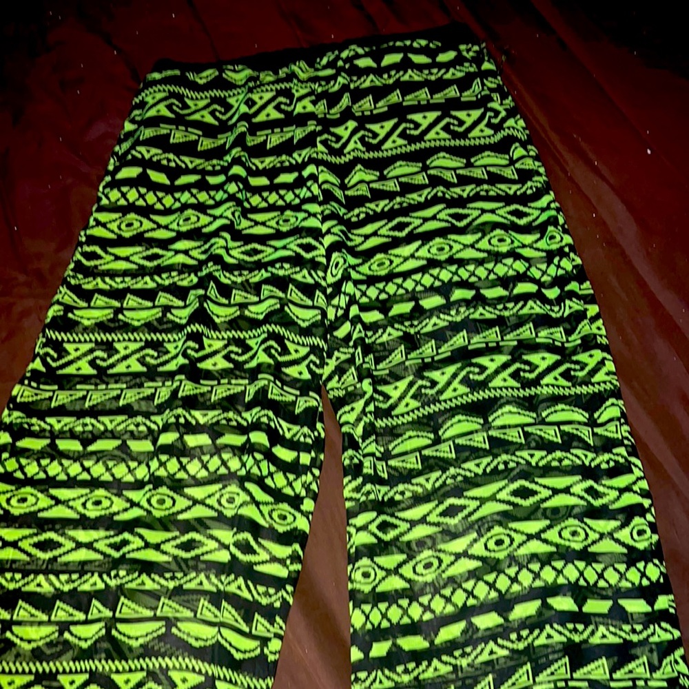 Neon green and black chiffon flare leg pants fun to wear size extra large